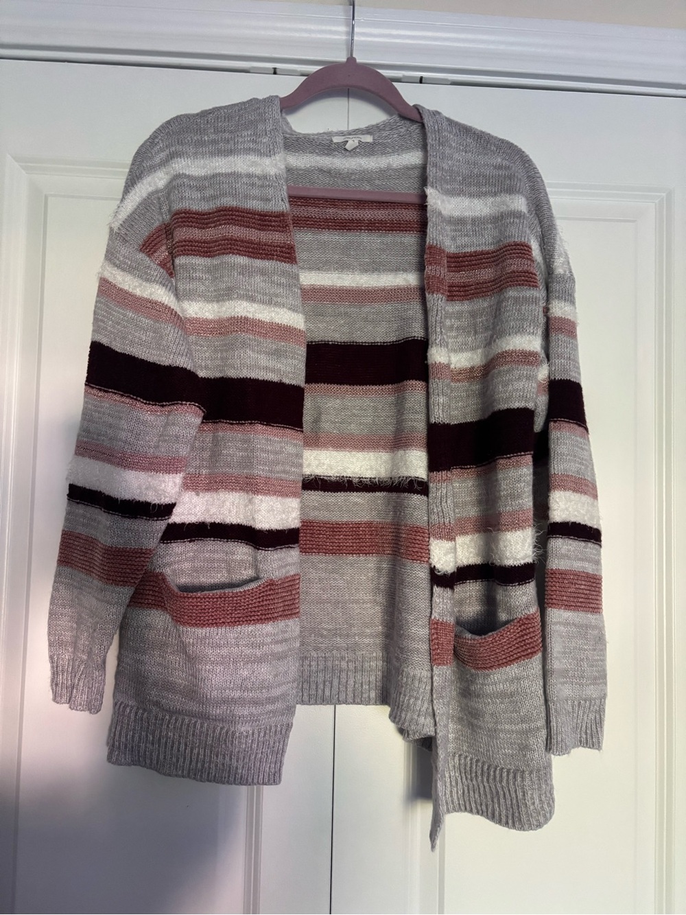Maurices Open-Front Striped Cardigan Sweater in Gray, Rose, Maroon and Cream